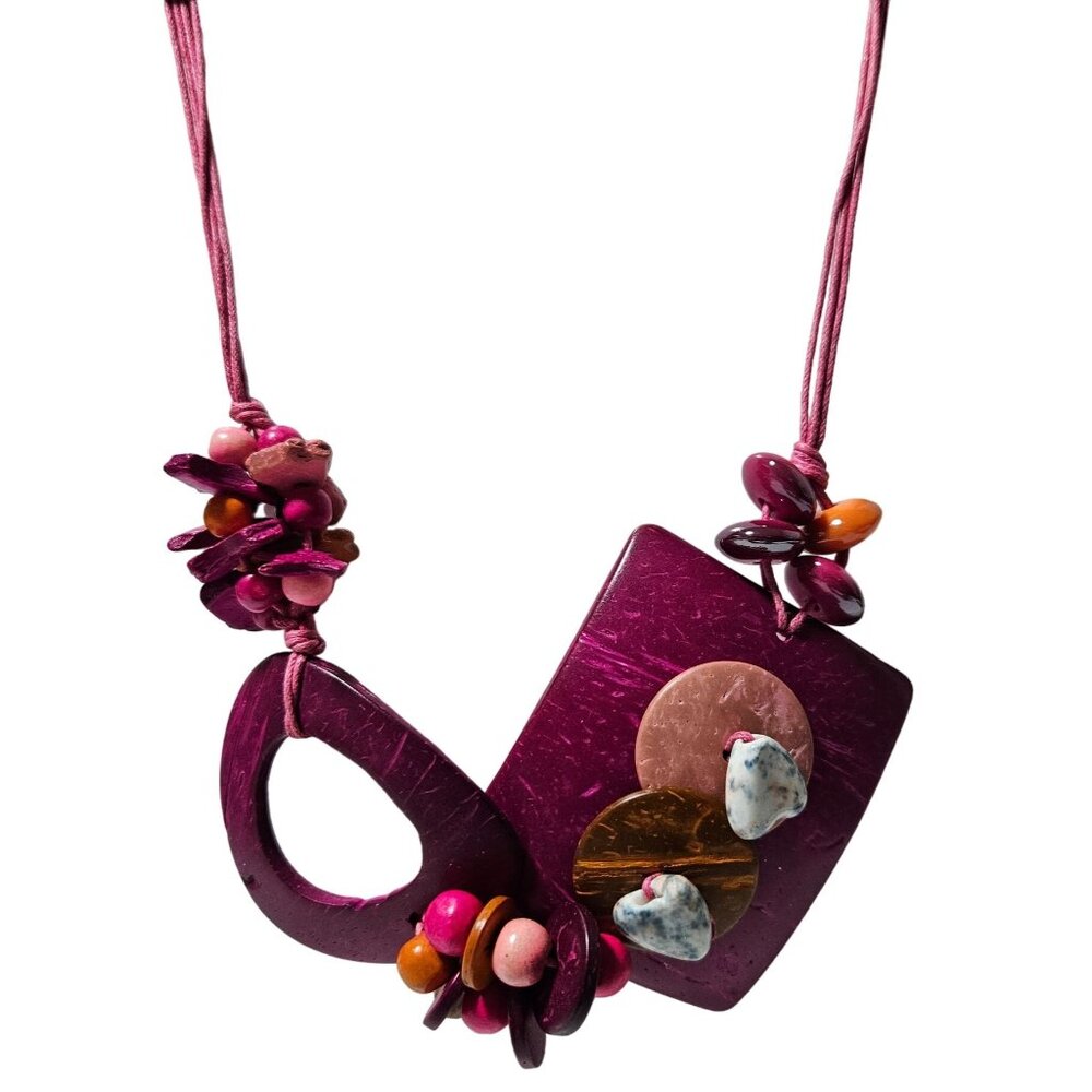Handmade Abstract Boho Pink Purple Geometric Necklace Mixed Beads Cord Jewelry